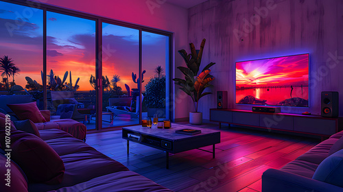 Vibrant Living Room with Smart Devices at Sunset