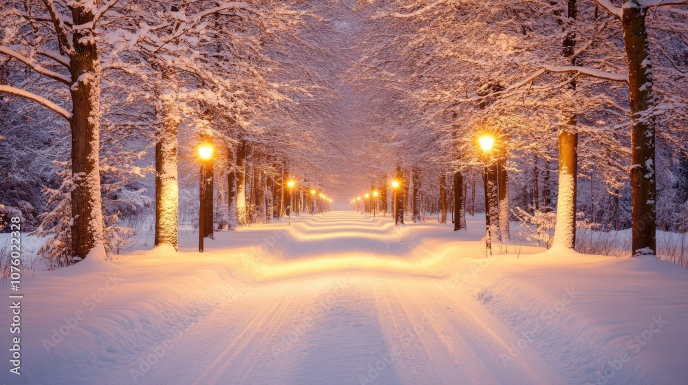 Snowy Path Lit by Streetlights in a Winter Forest Snowy Path Lit by Streetlights in a Winter Forest