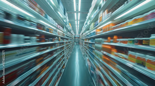 A fast-paced, motion-blur effect showing an empty shelf where supplements were once placed. The background has soft lighting, with emphasis on the speed of the sale. photo