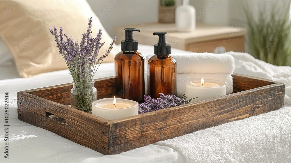 Relaxing Spa Tray with Lavender, Candles, and Towels for a Tranquil Atmosphere in a Cozy Bedroom Setting Relaxing Spa Tray with Lavender, Candles, and Towels for a Tranquil Atmosphere in a Cozy Bedroom Setting