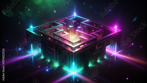 A Neon-Lit 3D Maze Structure Glowing in a Dark Void photo