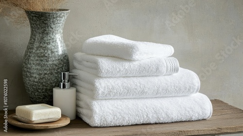 Soft and Plush White Towels Stacked Neatly with Elegant Soap and Moisturizer on a Wooden Surface Against a Textured Background photo