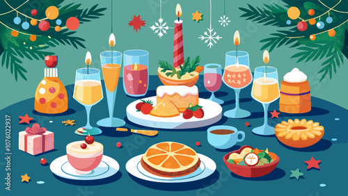 A festive table with a variety of food and drinks, including a cake, fruit