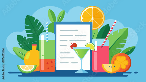 A colorful drink menu with a glass of green martini and a glass of orange juice