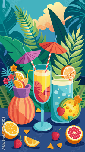 A tropical scene with a drink in a glass and a drink in a cup
