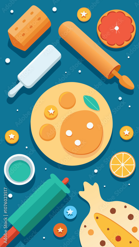 A blue background with a variety of food items such as a pizza, a cake A blue background with a variety of food items such as a pizza, a cake