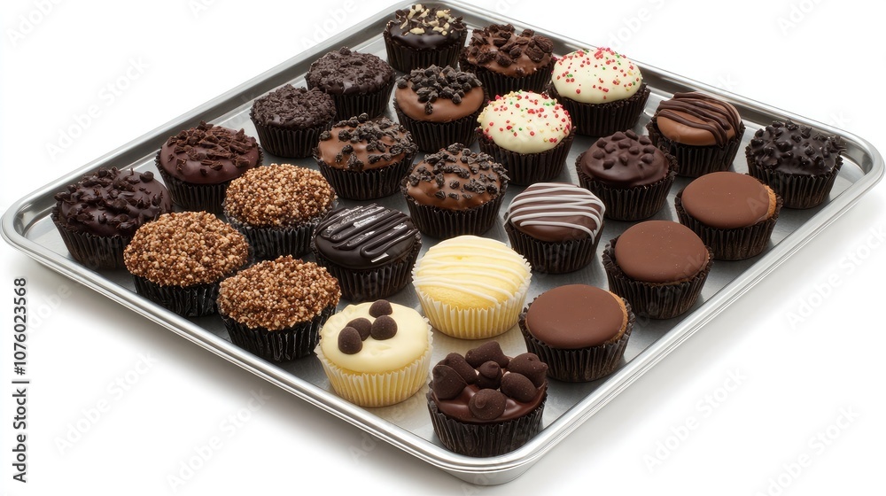 Assorted Delicious Cupcakes Collection on Metal Tray with Variety of Frosting and Toppings Ideal for Celebrations and Special Occasions Assorted Delicious Cupcakes Collection on Metal Tray with Variety of Frosting and Toppings Ideal for Celebrations and Special Occasions