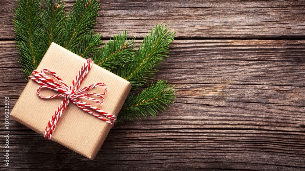 Christmas Gift Box with Pine Branches on Rustic Wooden Background Christmas Gift Box with Pine Branches on Rustic Wooden Background