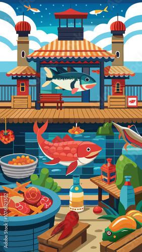 A colorful illustration of a pier with a fish market and a fish tank