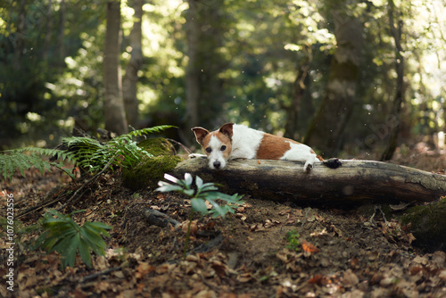 A Jack Russell Terrier is comfortably lying on a log in a forest, surrounded by greenery. The dog looks peaceful and at ease in the natural environment.