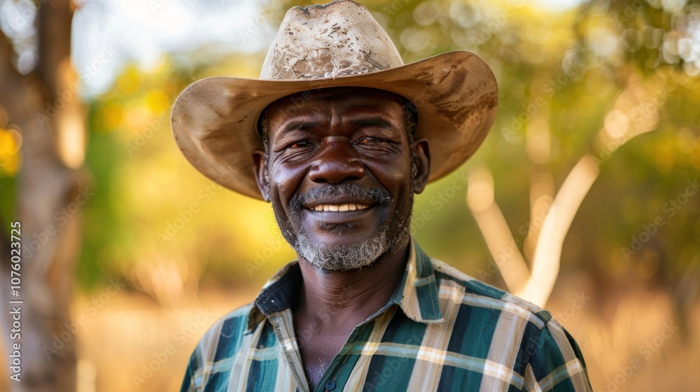 A cattle driver wearing a wide-brimmed hat and dusty clothes displays a gentle smile amid a soft, blurred background of nature. Generative AI A cattle driver wearing a wide-brimmed hat and dusty clothes displays a gentle smile amid a soft, blurred background of nature. Generative AI