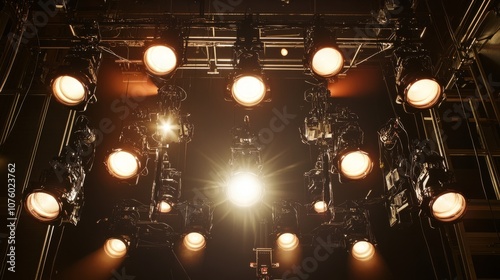 Overhead view of professional stage lighting rig with multiple focused spotlights, highlighting illumination configurations for concerts.