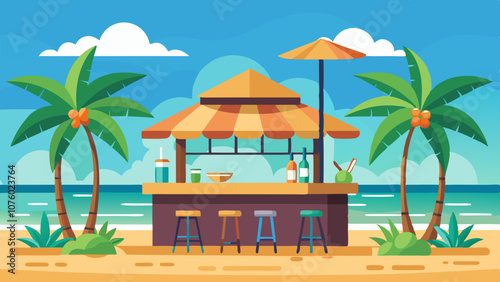 A beach scene with a small hut and umbrellas
