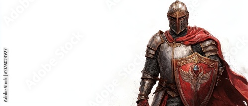 Medieval Knight in Full Armor with Shield and Red Cloak
