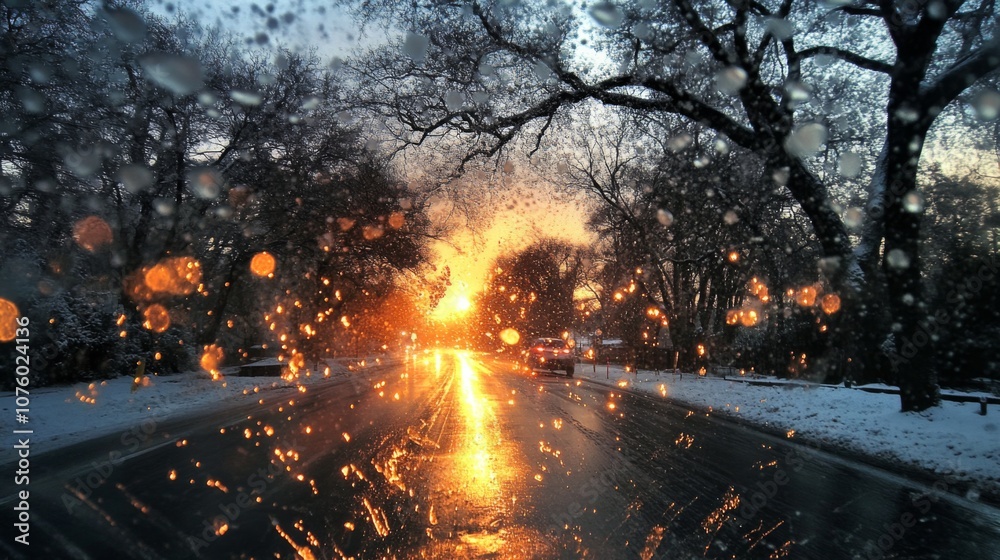 Fototapeta premium Sunset Drive Through a Snowy Forest