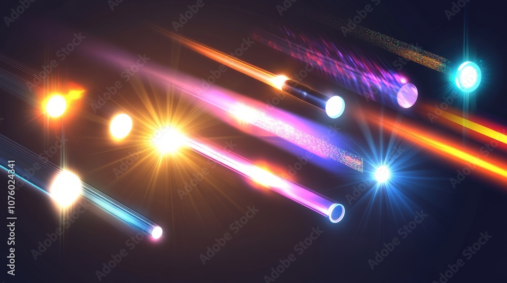 Naklejka premium Spotlight beam array with high-definition 3D vector illustration, showing various beam patterns and light intensities.