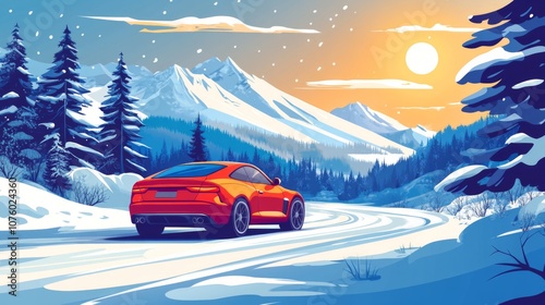 Red Sports Car Driving Through a Snowy Mountain Pass