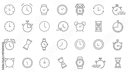 Time and clock line icons set. Calendar, timer, watch, speed, date and management. vector. editable