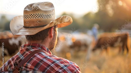 A cattle driver rests, gazing thoughtfully while wearing a tipped hat in a serene, sunlit pasture surrounded by livestock. Generative AI photo