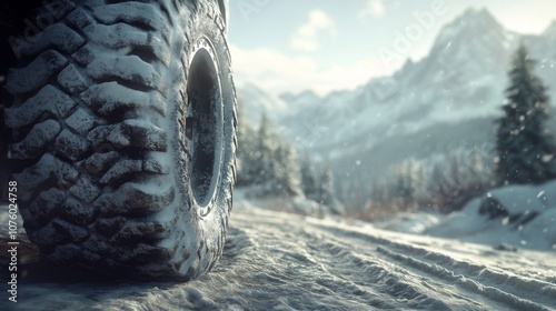 A Close-up of a Tire Covered in Snow Against a Snowy Mountain Landscape photo