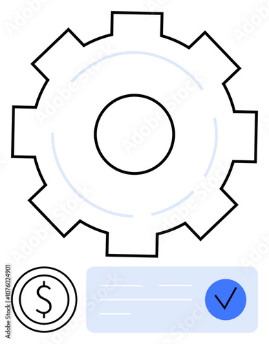 Gear icon, dollar coin, and check-marked document indicating business process optimization, financial approval, success. Ideal for business, finance, accounting, workflow, automation, approval