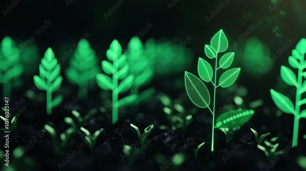 A digital representation of vibrant green seedlings emerging from dark soil, symbolizing growth, sustainability, and technology in agriculture.