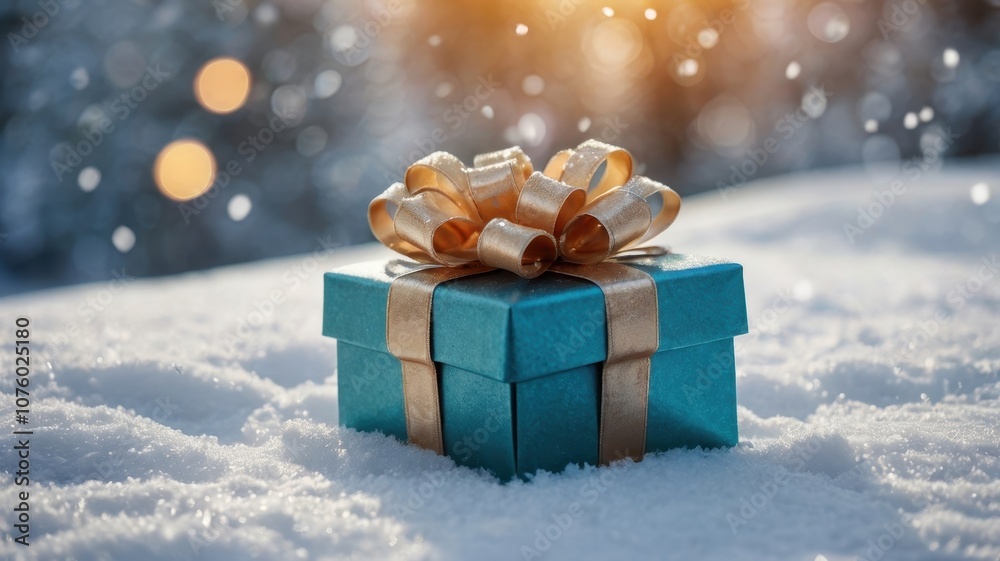 Christmas gift box with shiny ribbon on snowy ground at dusk Christmas gift box with shiny ribbon on snowy ground at dusk