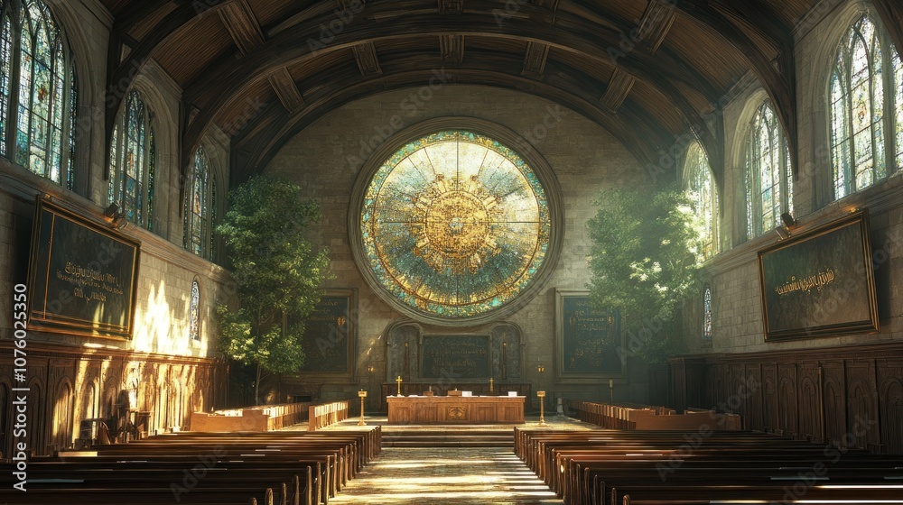 Fototapeta premium A serene interior of a grand chapel with stained glass and seating.