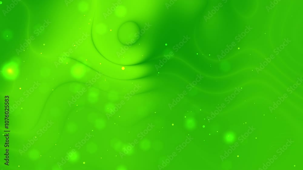 Bright green background features swirling lines and translucent circles