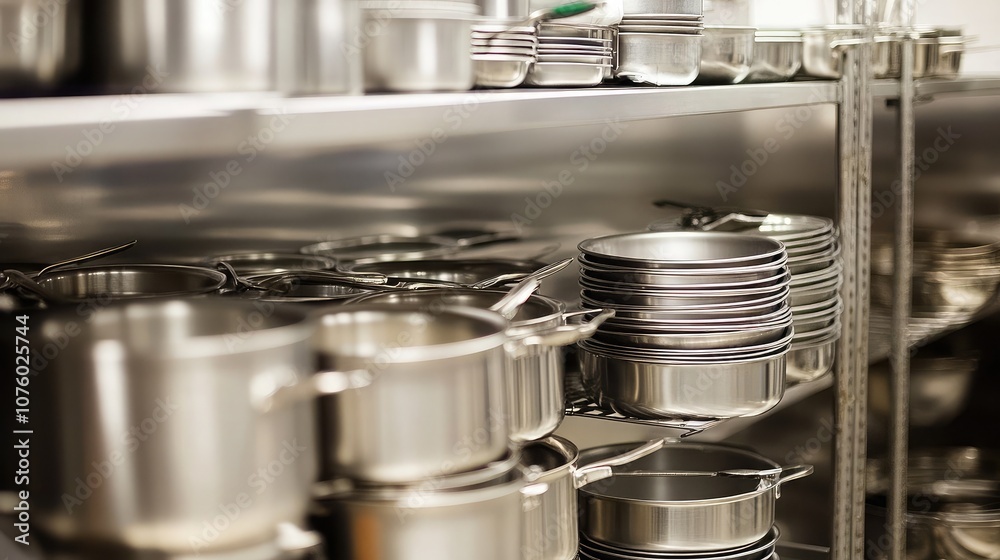 Stainless Steel Cookware Displayed on Metal Shelves in a Professional Kitchen Environment Emphasizing Culinary Preparation and Organization in Modern Cooking Spaces Stainless Steel Cookware Displayed on Metal Shelves in a Professional Kitchen Environment Emphasizing Culinary Preparation and Organization in Modern Cooking Spaces