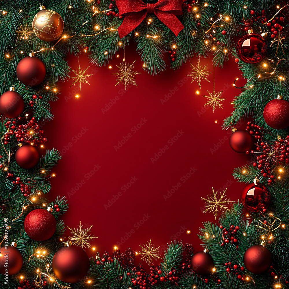 A festive holiday border with Christmas tree branches, sparkling lights, and various ornaments, creating a warm and inviting atmosphere. Ideal for holiday greetings or festive announcements. A festive holiday border with Christmas tree branches, sparkling lights, and various ornaments, creating a warm and inviting atmosphere. Ideal for holiday greetings or festive announcements.