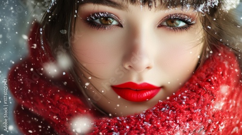 Close-up of Woman's Face with Red Lips and Snowflakes