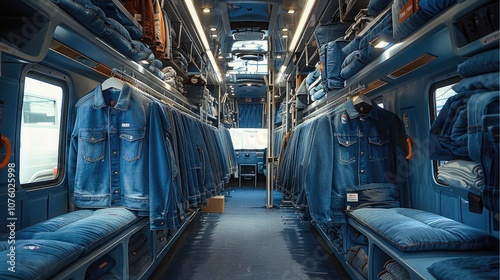 A bus transformed into a stylish fashion store, The bus interior is lined with racks holding neatly hung blue jeans, jackets, and other clothing, creating a cohesive and trendy shopping space.