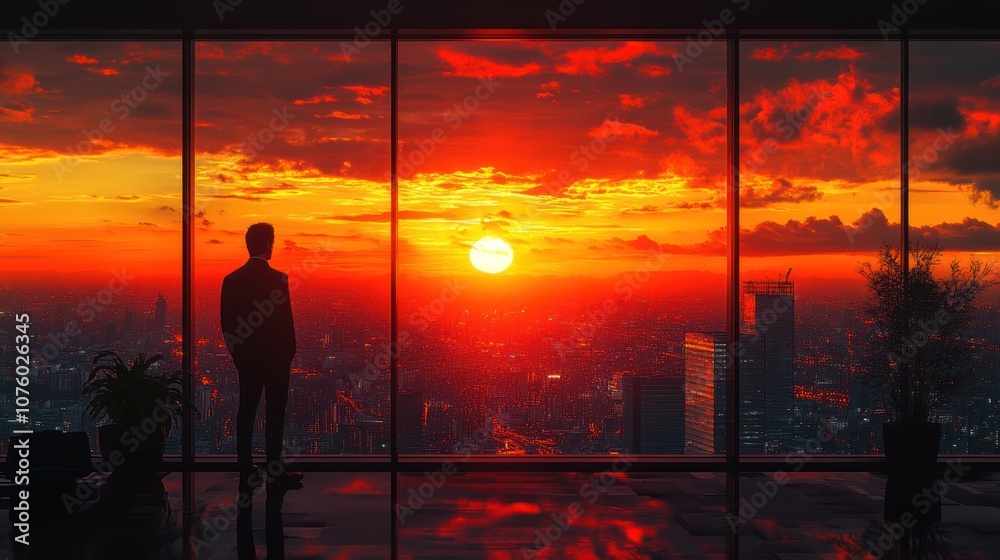 Silhouette of a person against a vibrant sunset over a cityscape. Silhouette of a person against a vibrant sunset over a cityscape.