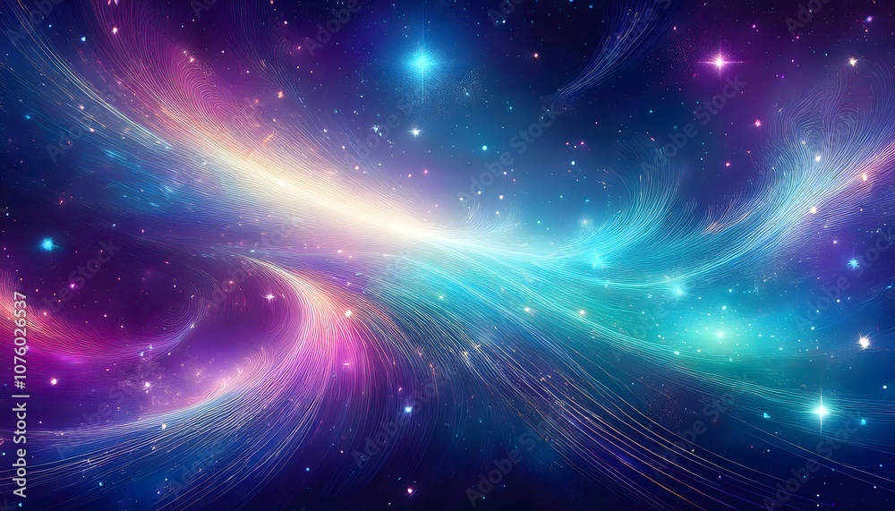 Obraz premium Abstract galaxy-themed background with clusters of stars and light streaks, blending hues of turquoise, magenta, and deep indigo