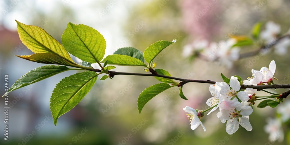 A single leafy branch with blurred flowers in the background, foliage, flowers, organic, greenery