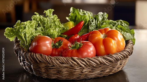 Fresh vegetables in a woven basket.