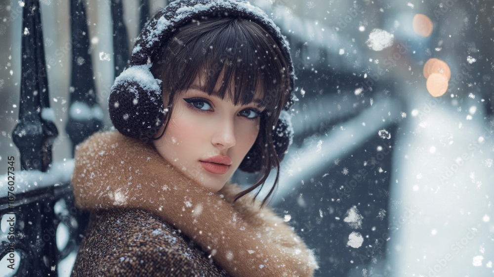 Woman with Fur Collar and Earmuffs in Falling Snow Woman with Fur Collar and Earmuffs in Falling Snow