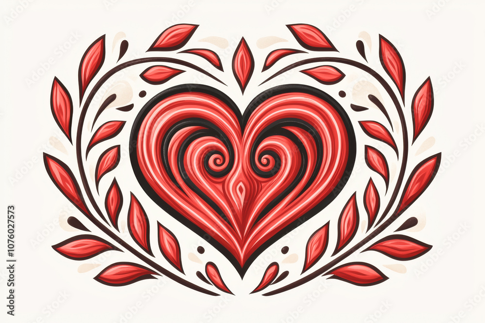 A beautifully designed heart surrounded by intricate leaves and swirls in red tones.