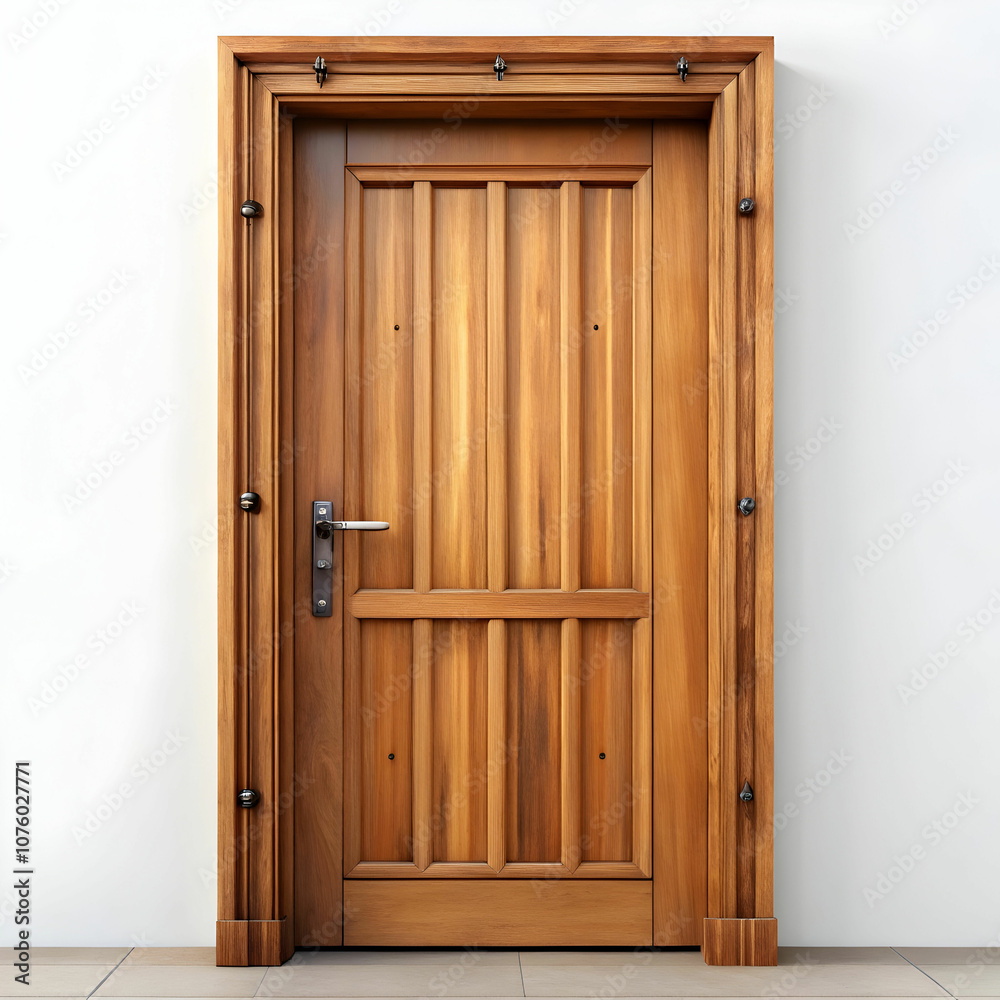 A rustic wood door isolated on a white background, showcasing its natural grain and texture. A rustic wood door isolated on a white background, showcasing its natural grain and texture.