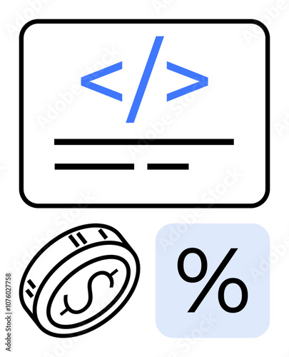 Coding symbols inside a window, coin with dollar sign, and percentage symbol represent the intersection of programming and finance. Ideal for technology, finance, startups, investments, fintech