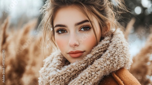 Close-up Portrait of a Young Woman Wearing a Knitted Scarf