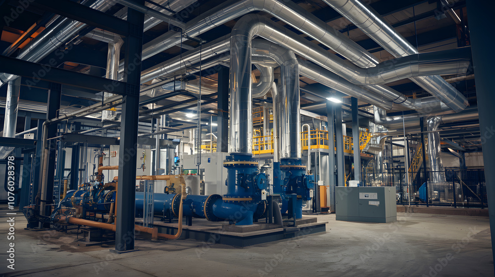 A complex industrial facility featuring large metallic pipes and structures. The scene showcases intricate machinery and a network of pipes, indicative of a manufacturing or processing plant. A complex industrial facility featuring large metallic pipes and structures. The scene showcases intricate machinery and a network of pipes, indicative of a manufacturing or processing plant.