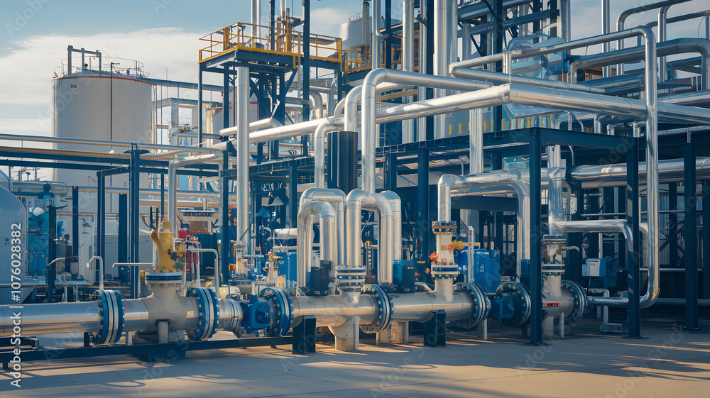 Fototapeta premium A complex industrial facility featuring large metallic pipes and structures. The scene showcases intricate machinery and a network of pipes, indicative of a manufacturing or processing plant.