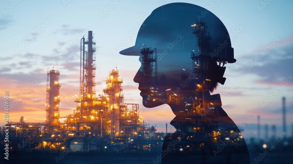 Industrial worker silhouette with refinery background at sunset, showcasing the fusion of human labor and technology in the oil industry The image reflects dedication and innovation
