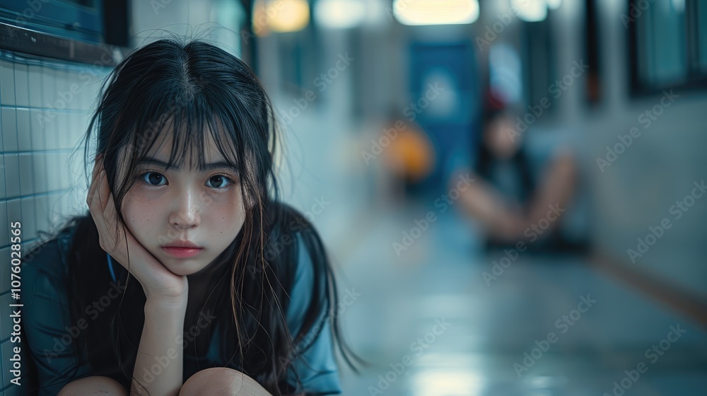 In a school hallway in China, where a Chinese girl curls up in a corner, her face reflecting fear and despair, tears in her eyes as she hugs her knees tightly. In a school hallway in China, where a Chinese girl curls up in a corner, her face reflecting fear and despair, tears in her eyes as she hugs her knees tightly.