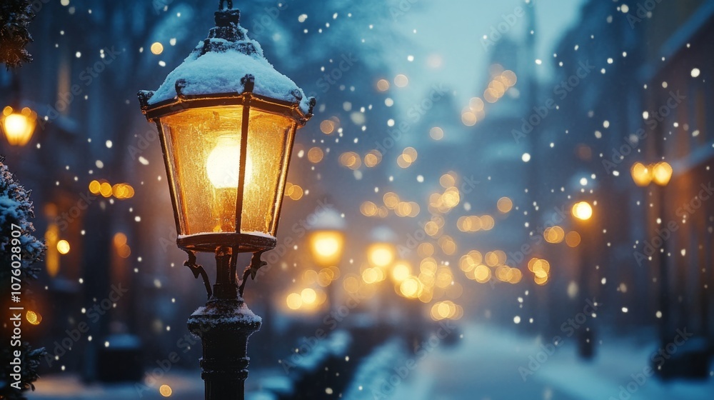 Snow-Covered Street Lamp with Blurry City Lights in the Background Snow-Covered Street Lamp with Blurry City Lights in the Background