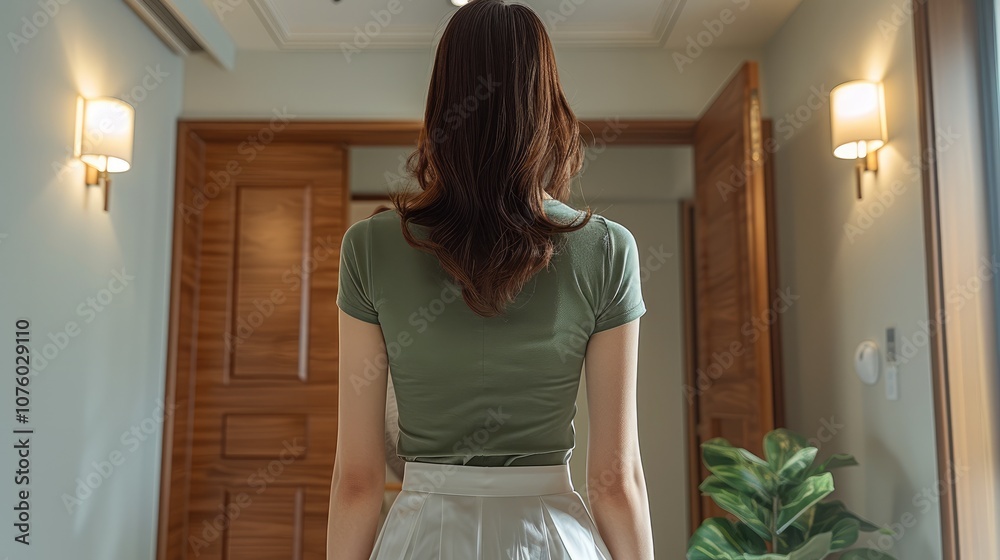 Rear view. an Asian woman in her late thirties, wearing a green top and white skirt, opening the door to a modern apartment's hallway with wooden doors. Rear view. an Asian woman in her late thirties, wearing a green top and white skirt, opening the door to a modern apartment's hallway with wooden doors.