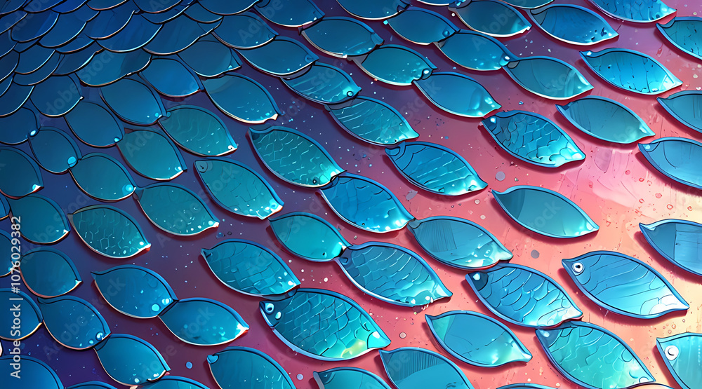 Fototapeta premium “Illustration of Fish Scales in Close-Up” – A Detailed Depiction of Fish Scales with Shimmering Hues, Showing the Texture and Light Reflection with Room for Text