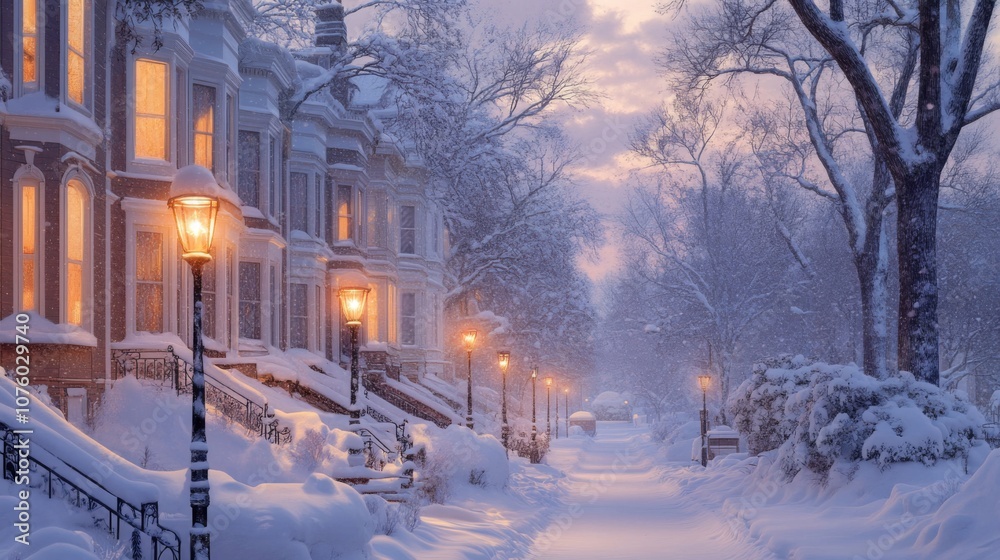 Snow-Covered Street with Illuminated Windows and Streetlights Snow-Covered Street with Illuminated Windows and Streetlights